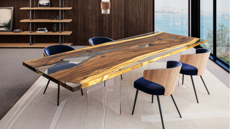 Raw wood dining table UNIQUE - A noble wood and resin top, unique numbered piece for a high-end dining room